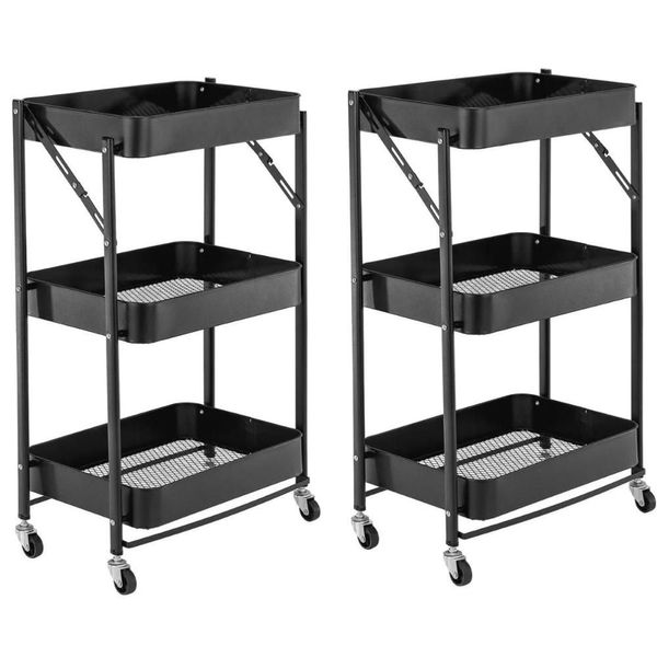 Kit 2 Carrinho Multiuso Organizador Dobrável Com 3 Prateleiras - Preto