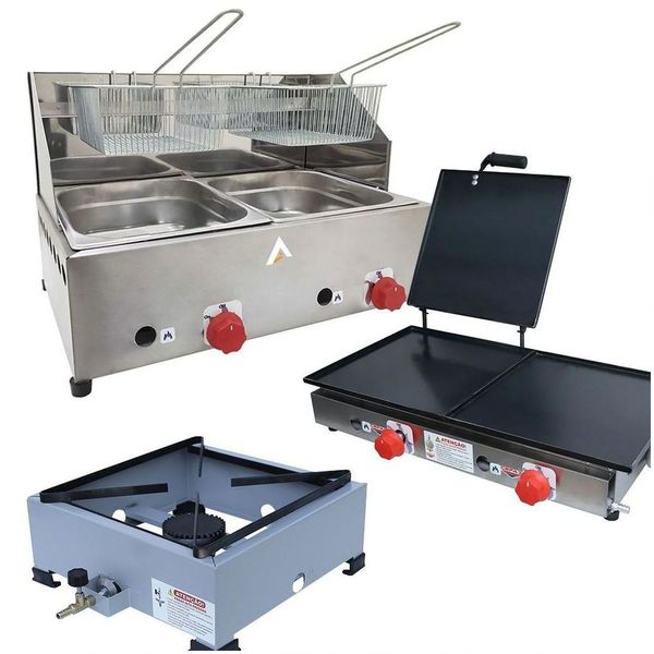 Kit Lanchonete Fogão Portátil 1 Boca + Chapa 60cm Com Prensa E Fritadeira 2 Cubas 5 Litros Alcamar