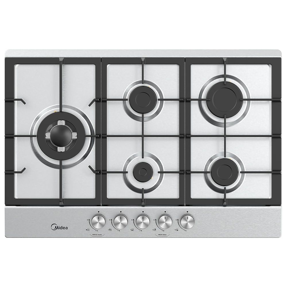 Cooktop a Gás Midea CYB5B 5 Bocas Inox com Mega Chama Trempe em Ferro Fundido Acendimento Automático Bivolt