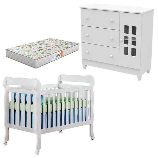 Kit Berço Americano Lila e Cômoda Mariah em MDF com Colchão Gazin Branco Brilho com Grade Fixa Berço Americano Lila E Cômoda Mariah Branco Brilho Com Colchão Gazin - Carolina