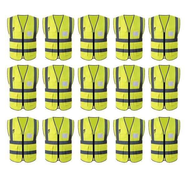 Colete Faixa Sinalizador Epi Refletivo Kit 15 Unidades Blusao Fluorescente Obra Bolsos Ziper Segurança