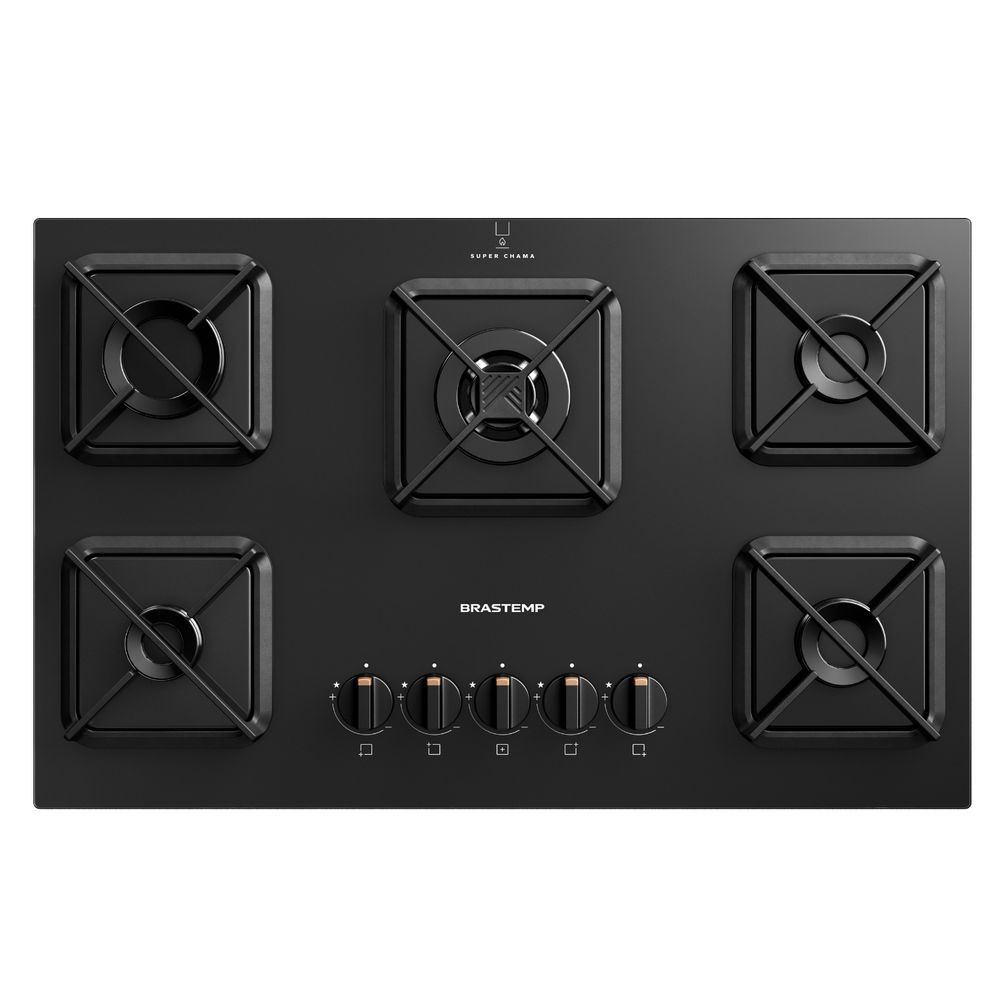 Cooktop à Gás Brastemp BDS75AE 5 Bocas Vidro Temperado Trempe Ferro Fundido Super Chama Preto Bivolt