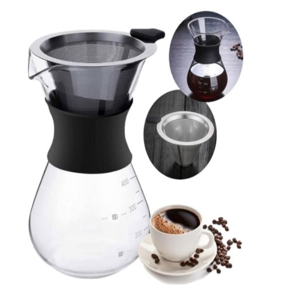 Cafeteira Vidro Coador Inox Filtro Passador Cafe 400ml Bule Jarra Manual Moderno