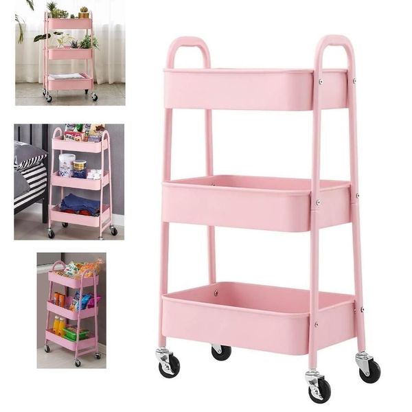 Carrinho Organizador 3 Prateleiras Aço Auxiliar Andares Multiuso Guarda Brinquedos Salao Manicure Varanda Rosa