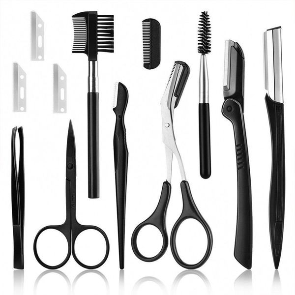 Kit Aparador de Sobrancelha Kit11pcs de a para Modelar Completo 11 Peças com Bolsa PVC OEM Kit Aparador de Sobrancelha Kit11pcs de a com Navalhas Tesouras Pincéis Pente e Estojo PVC OEM