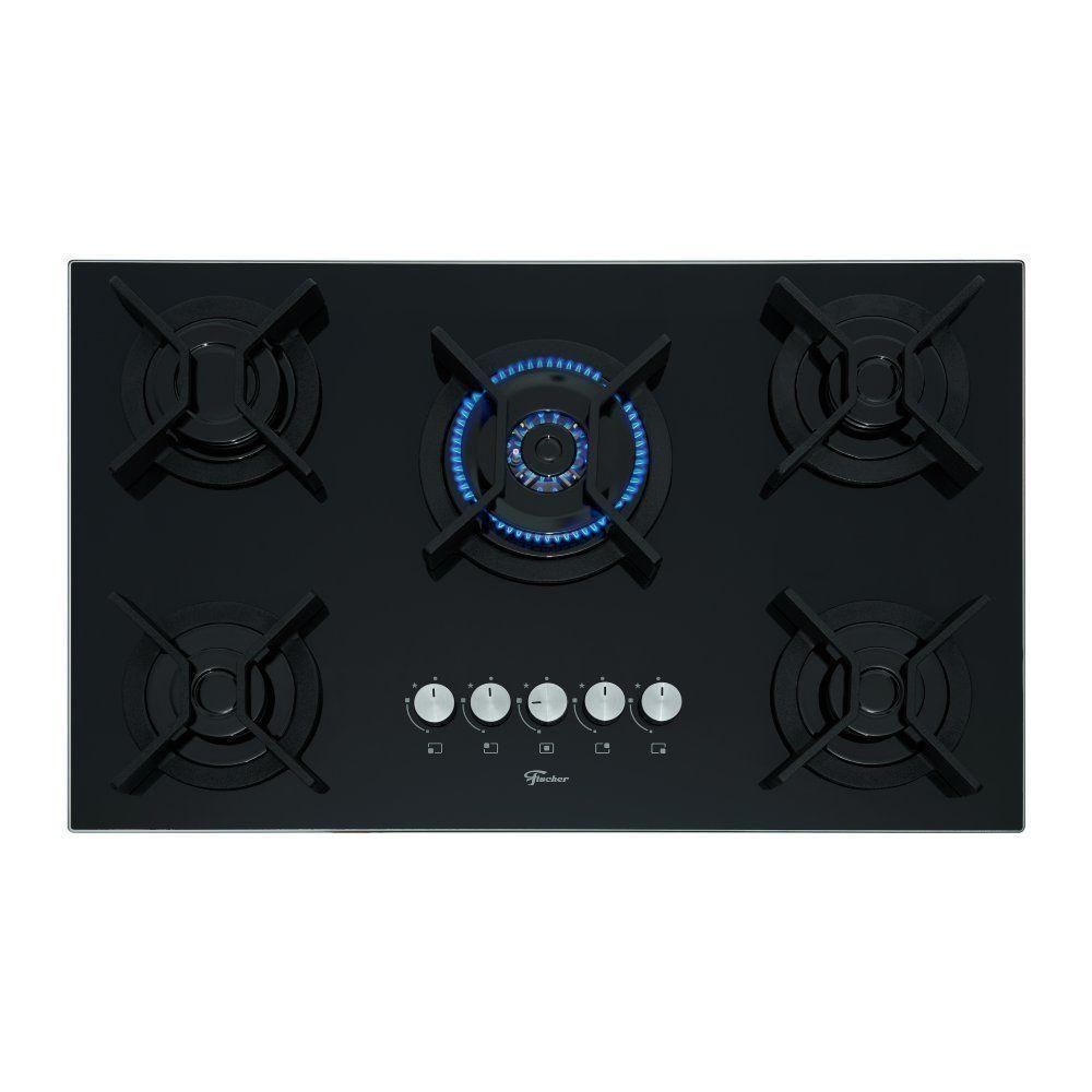 Cooktop a Gás Fischer Infinity 26298-57077 5 Bocas Vidro Trempe Ferro Fundido Tripla Chama Preto Bivolt