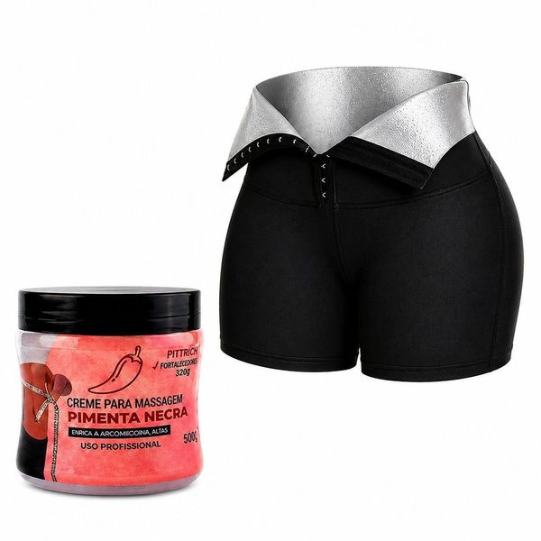 Kit Termo Redutor Creme Pimenta Negra + Short Efeito Sauna para Redução de Medidas e Modelagem Corporal Cheguei BR Kit Termo Redutor Creme Pimenta Negra + Short Efeito Sauna para Definição Corporal Cheguei BR