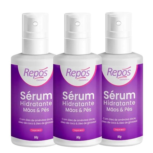 Kit 3 Sérum Hidratante para Mãos e Pés 90g Spray Textura Leve Rápida Absorção Transparente Repos Kit 3 Sérum Hidratante para Mãos e Pés 90g Spray Não Oleoso Transparente Repos