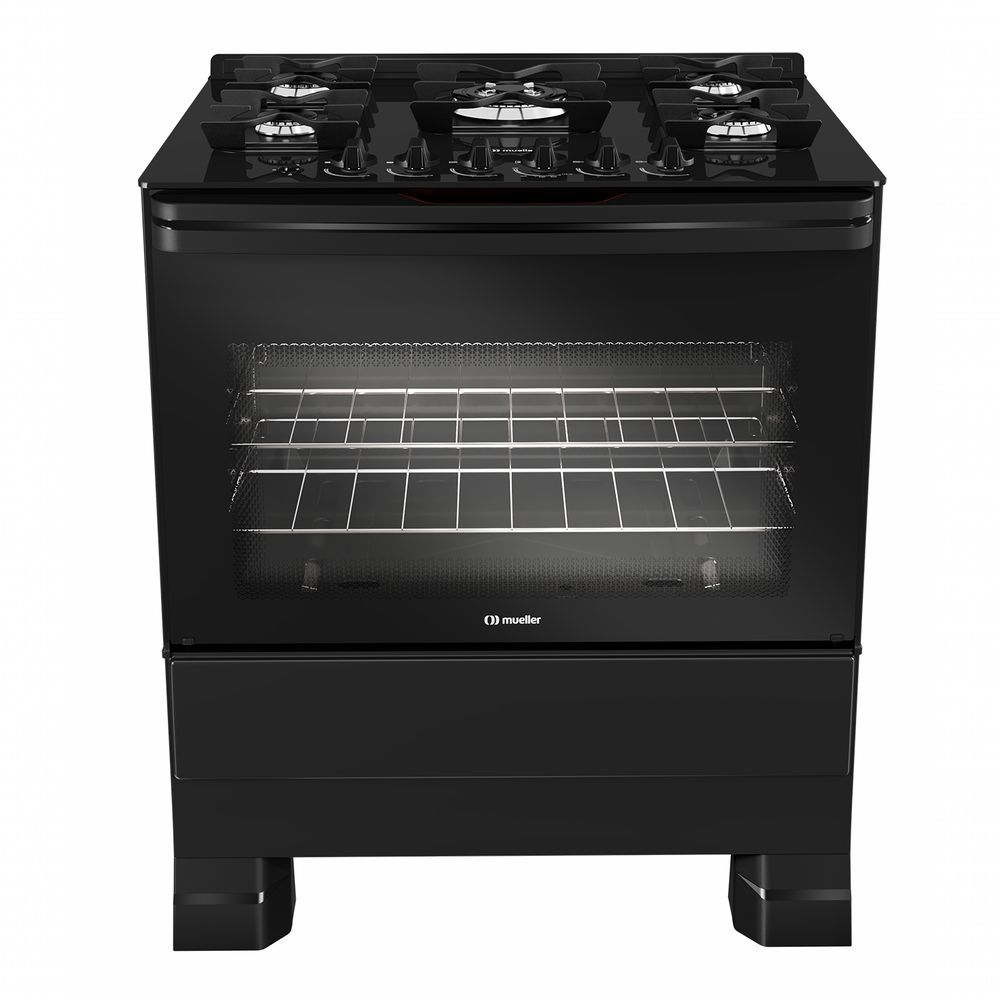 Fogão Mueller 5 Bocas Preto Bivolt Mesa de Vidro e Tripla Chama MFV5BF