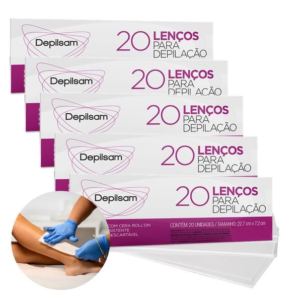 Kit 100 Lenços para Depilação com Cera Roll-On Branco Depilsam 5 Pacotes com 20 Unidades Lenços para Depilação Kit 100 Unidades Uso com Cera Roll-On Branco Depilsam