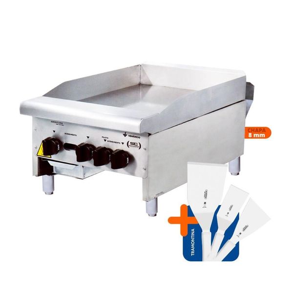 Chapa a Gás Profissional 45cm CG45 Lisa Inox 8mm com Conjunto de Espátulas Metalúrgica Venâncio Chapa a Gás Profissional 45cm CG45 Lisa Inox com Espátulas Metalúrgica Venâncio