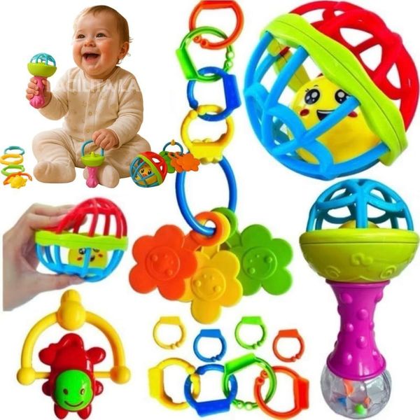Kit Chocalho para Bebê 8 Peças Educativo Sensorial Mordedor Infantil Colorido Desenvolvimento Motor Casa do Brinquedo Kit Chocalho para Bebê 8 Peças Educativo Sensorial Mordedor Infantil Colorido Casa do Brinquedo