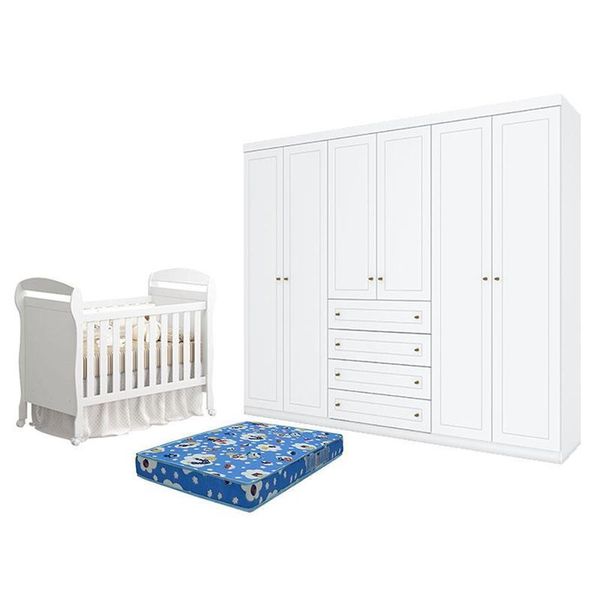 Kit Berço Danny e Guarda Roupa Casal 6 Portas com Colchão Branco Acetinado Móveis Henn Kit Berço Danny e Guarda Roupa 6 Portas com Colchão Branco Móveis Henn
