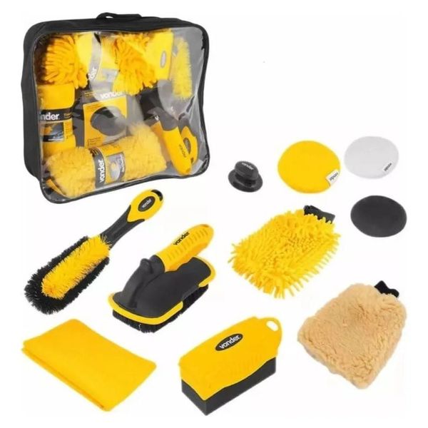 Kit de Lavagem Automotiva 10 Peças com Escova Luva Esponja e Toalha Microfibra para Veículos Vonder Kit Lavagem Automotiva 10 Peças Escova Luva Esponja Microfibra Vonder