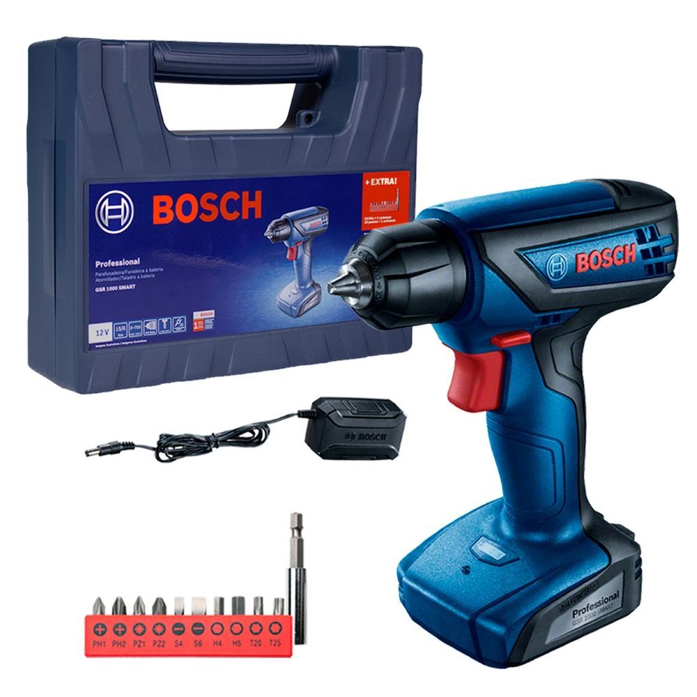 Parafusadeira Furadeira Bosch para Uso Profissional GSR 1000 Smart com Kit Acessórios 120W Amarelo 12V