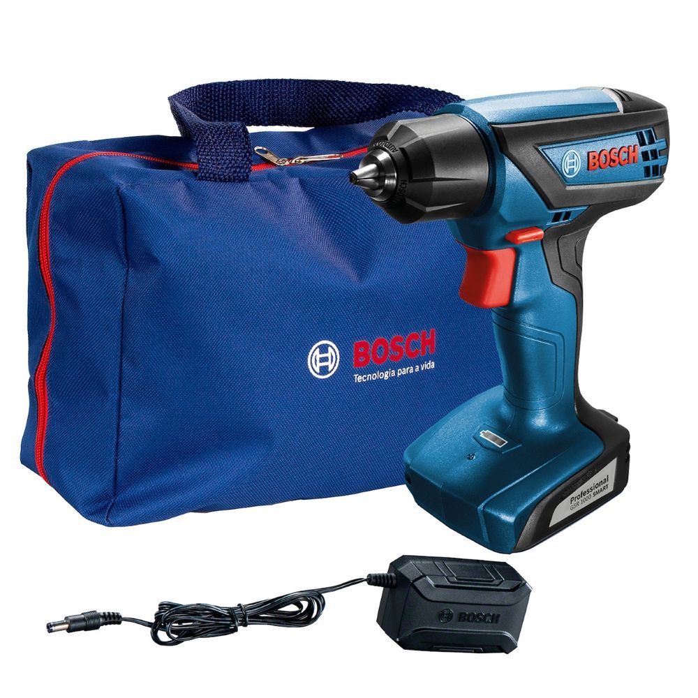 Parafusadeira Furadeira Bosch para Uso Profissional GSR 1000 Smart com Bolsa e Carregador 100W Azul 12V