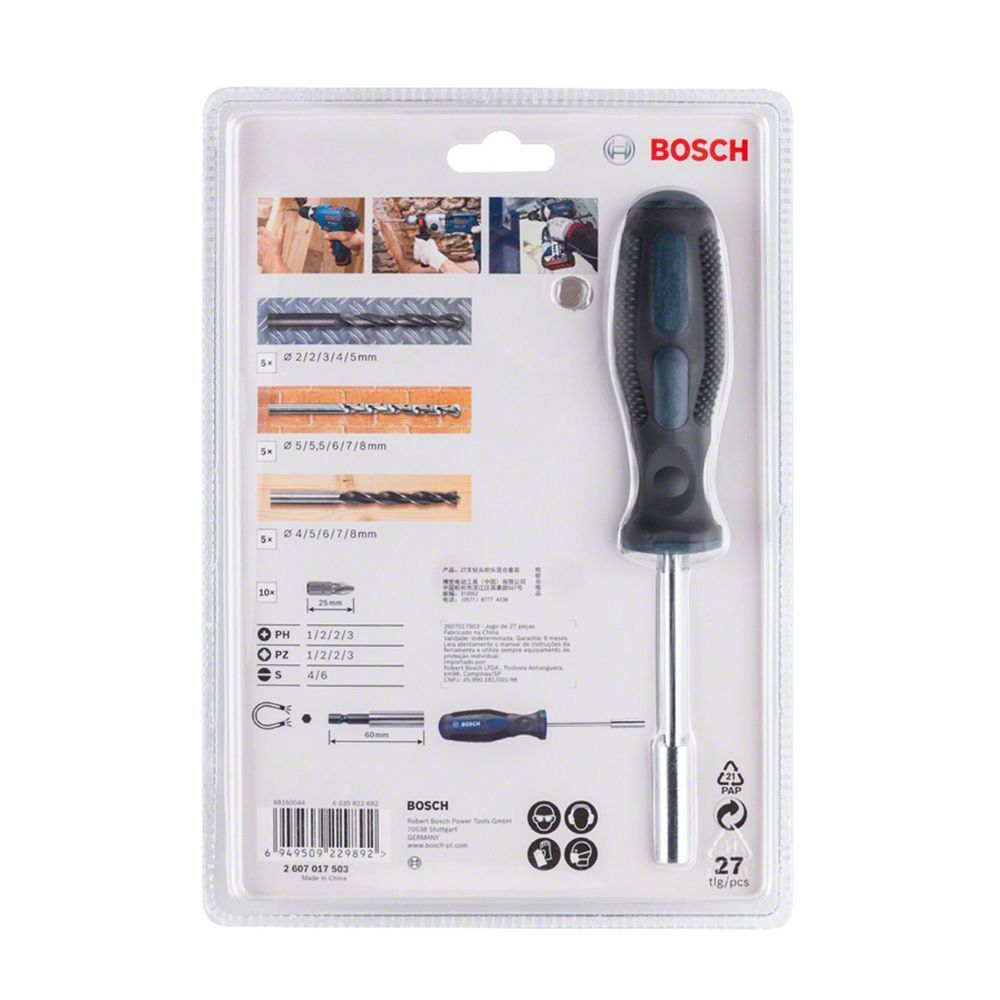 Kit de Brocas e Pontas com 27 Peças Encaixe Hexagonal Adaptador Magnético Preto Bosch