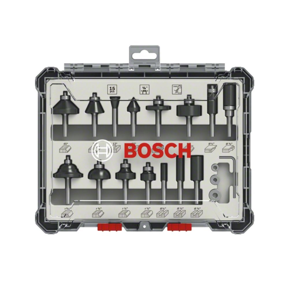 Jogo de Fresas Misto 15 Peças Encaixe 1-4'' com Gumes em Carbeto Estojado Bivolt Bosch