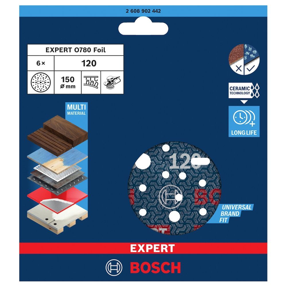 Jogo de Disco de Lixa Expert O780 150mm G120 com Tecnologia de Grãos Cerâmicos Autoafiáveis Cinza Bosch