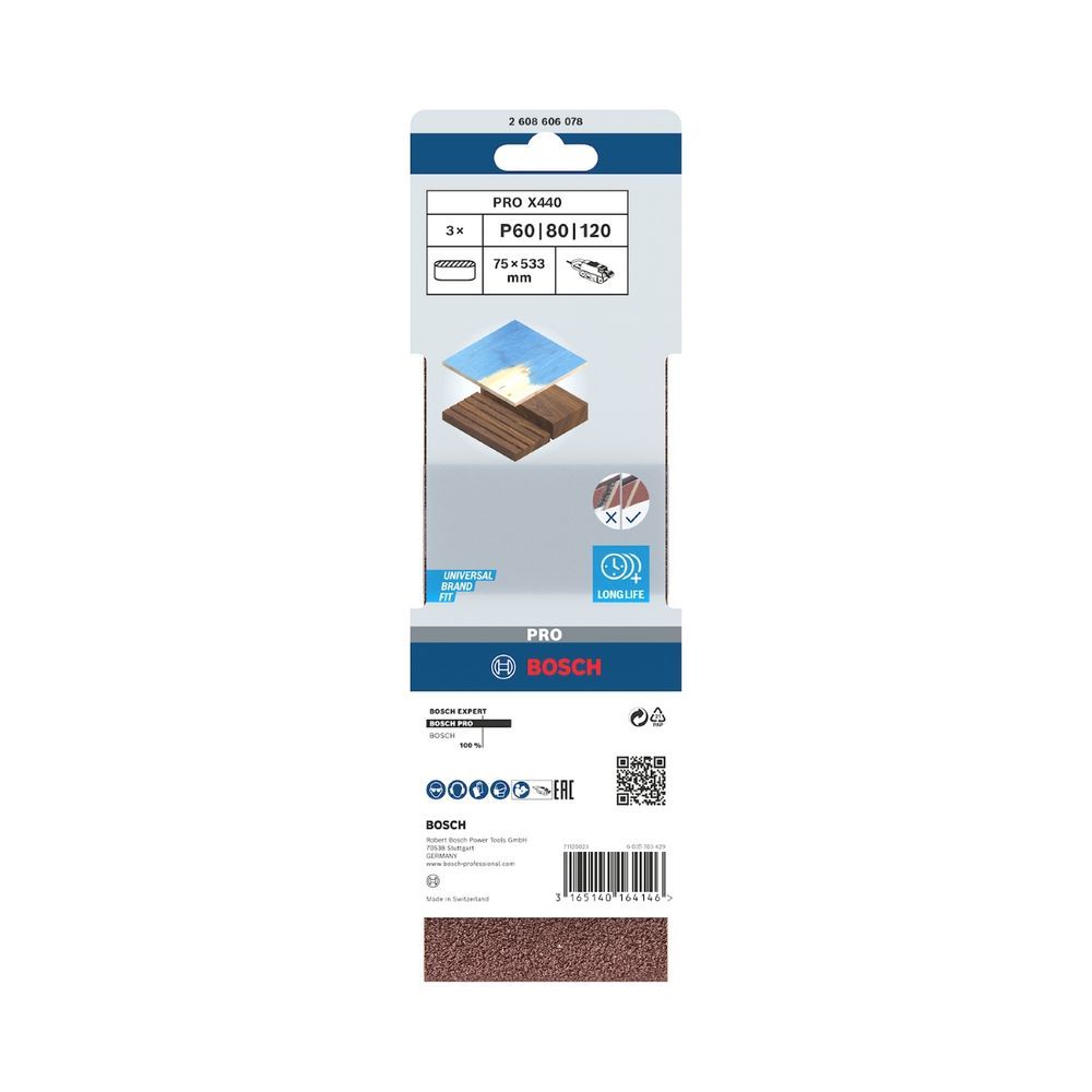 Jogo de Cintas de Lixa X440 Lixamento Madeiras Grão G60-80-120 75x533mm 3un Bivolt Bosch