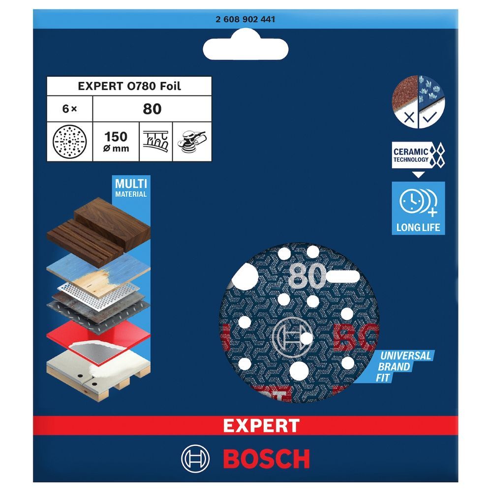 Jogo de Disco de Lixa O780 150mm G80 com Grãos Cerâmicos Autoafiáveis e Suporte em Filme Cinza Bosch