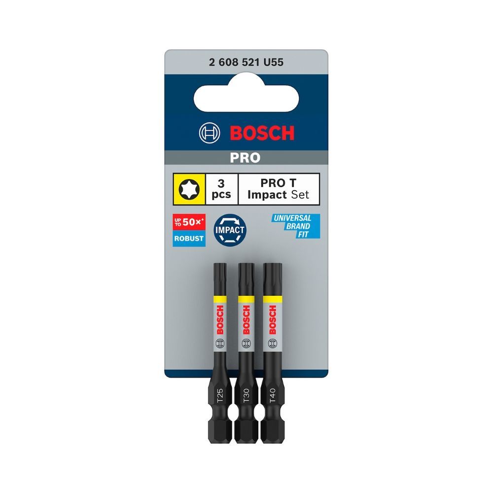 Jogo de Bits Pro Torx Impact com 3 Unidades T25 T30 T40 55mm Zona de Torção Alongada Inox Bosch