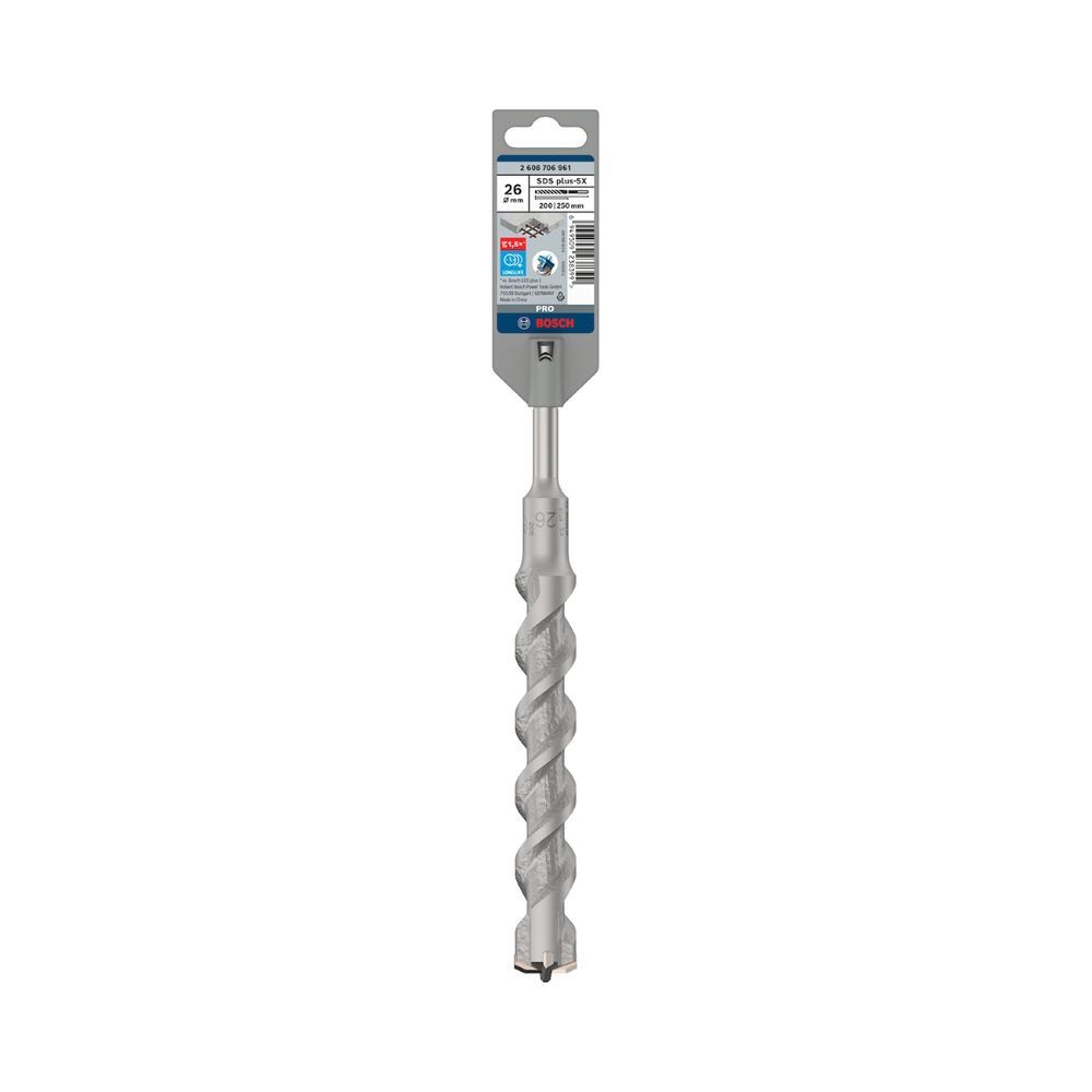Broca Pro Sds Plus-5 26X200X250mm com 4 Arestas de Corte em Carbeto de Tungstênio Cinza Bosch