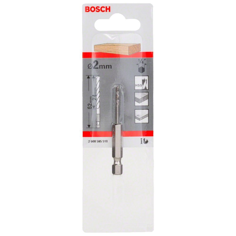 Broca para Madeira 3 Pontas 2mm com Ponta Centralizadora e Encaixe 1-4'' em Aço Rápido HSS Prata Bosch