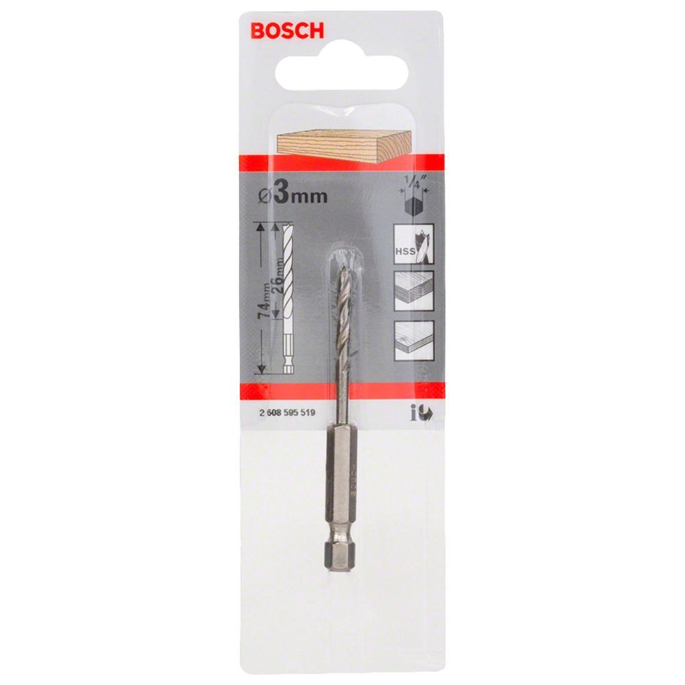 Broca para Madeira 3 Pontas 3mm com Ponta Centralizadora e Encaixe 1-4'' em Aço Rápido HSS Bosch