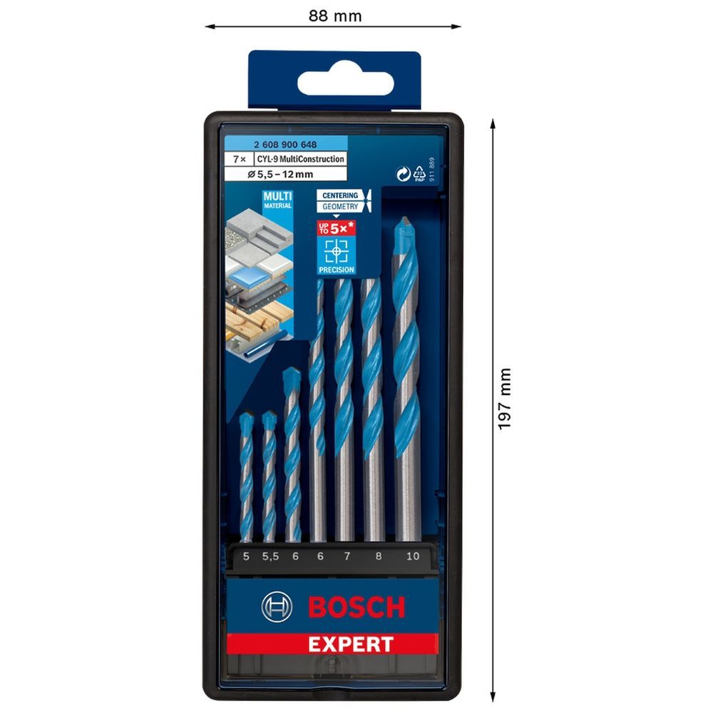 Broca Bosch Cyl-9 Multiconstruction 7 Peças com Ponta de Diamante 5,5 6 7 8 10mm Bivolt