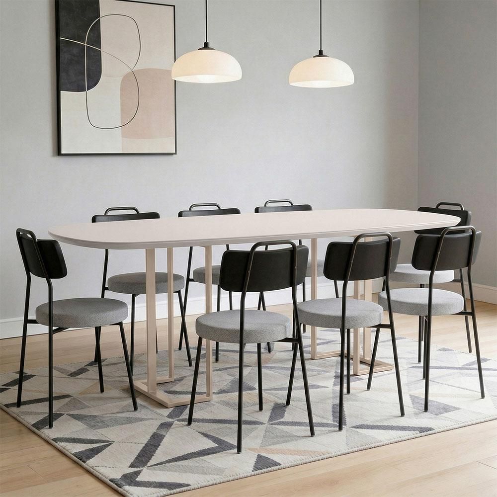 Conjunto de Jantar Alina 8 Lugares Tampo em MDF com Cadeiras em Couríssimo e Linho Off White 200CM Lyam Decor
