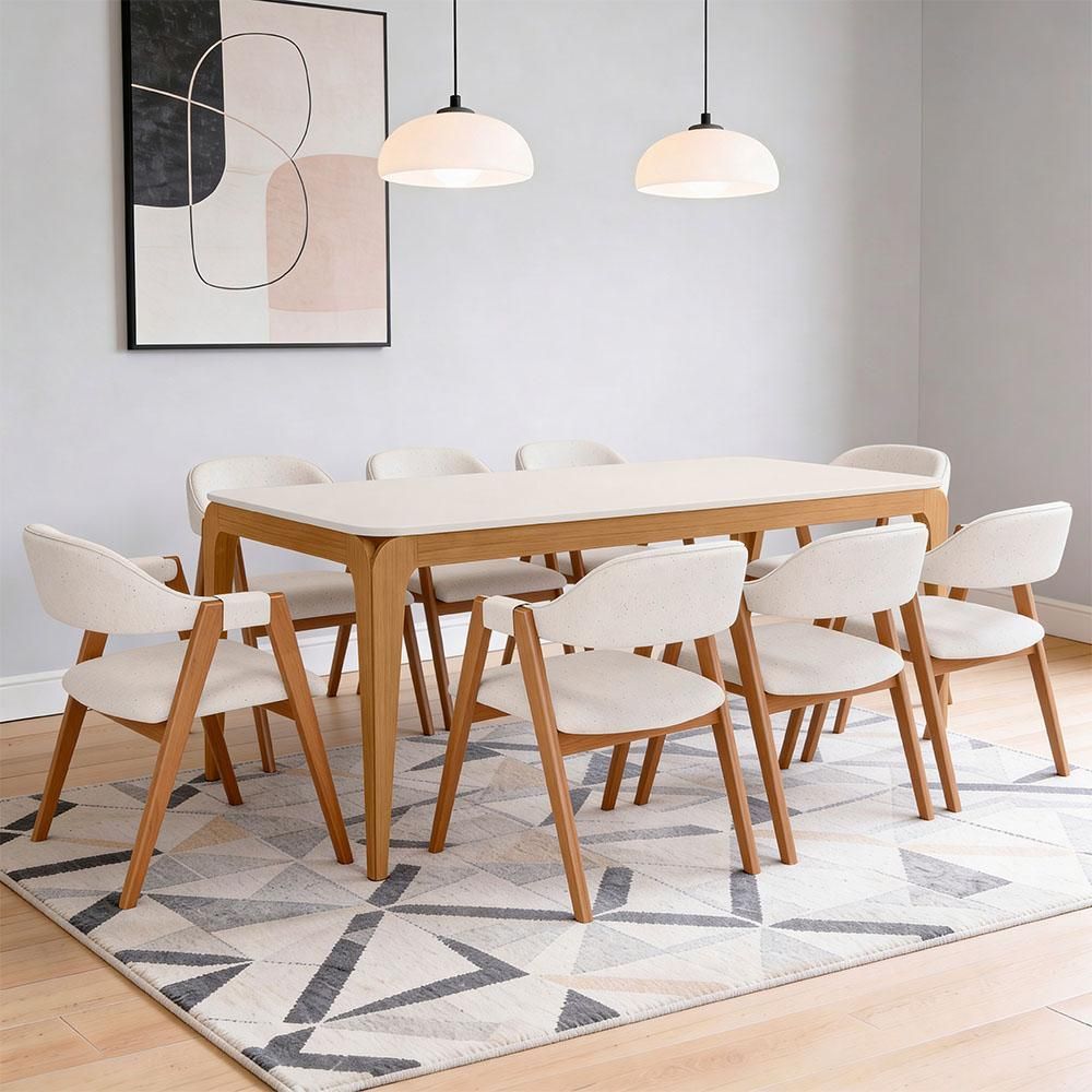 Conjunto de Jantar Claris 8 Lugares Tampo em Vidro com Cadeiras em Linho Off White 180CM Lyam Decor