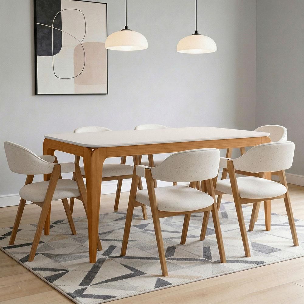 Conjunto de Jantar Claris 6 Lugares Tampo em Vidro com Cadeiras em Linho Cru 160CM Lyam Decor