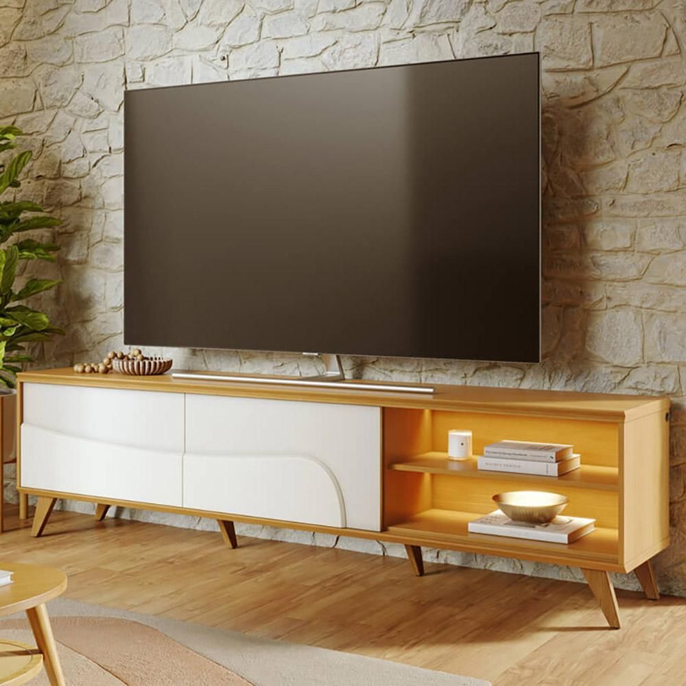 Rack Salerno C04 para TV 75" 216CM MDF com LED e Pés Retrô Off White Lyam Decor