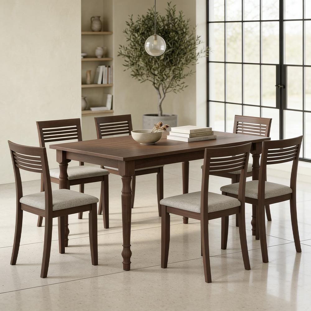Mesa de Jantar Lazuli 6 Lugares Tampo em MDF com Cadeiras Estofadas em Linho Mescla Café 160CM Lyam Decor