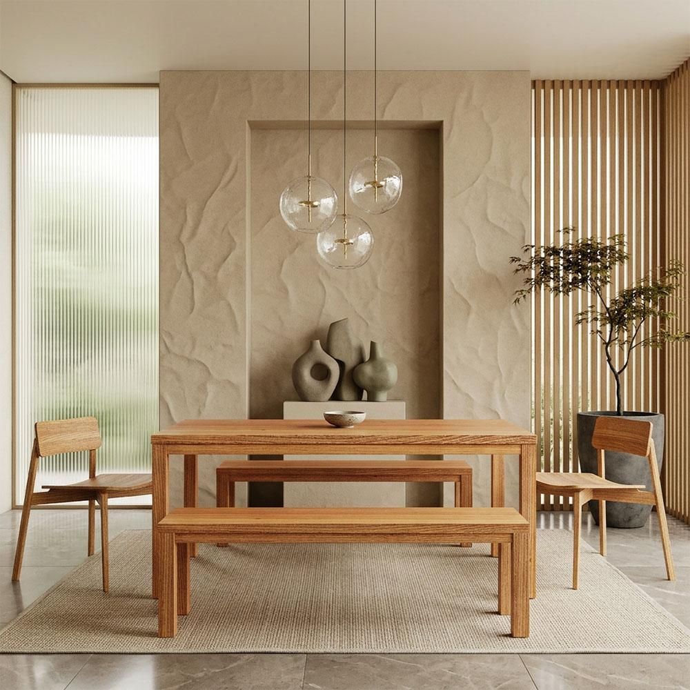 Mesa de Jantar Dunia 6 Lugares Retangular MDF 180CM Rústico Claro com 2 Bancos e 2 Cadeiras Lyam Decor