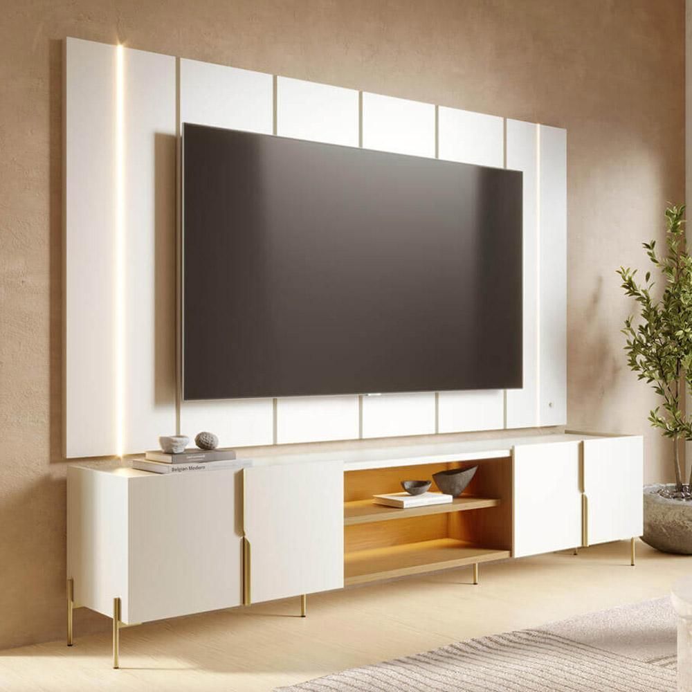 Rack com Painel Novare C04 para TV 75" 243CM MDF-MDP com LED e Nicho Off White Freijó Lyam Decor