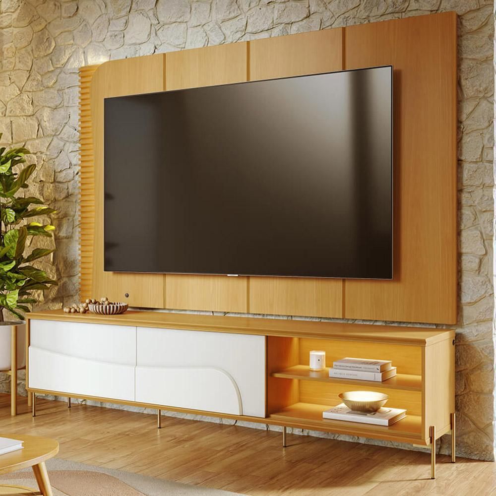 Rack com Painel Salerno C04 para TV 65" 216CM MDF-MDP com LED e Pés Metálicos Off White Lyam Decor
