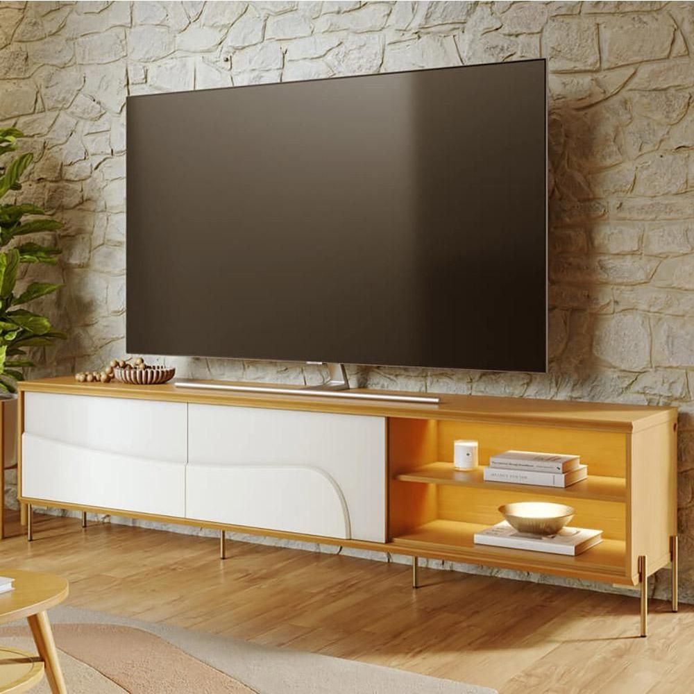 Rack para TV 75" 216CM MDF-MDP com LED e Pés Metal Dourado Off White Lyam Decor