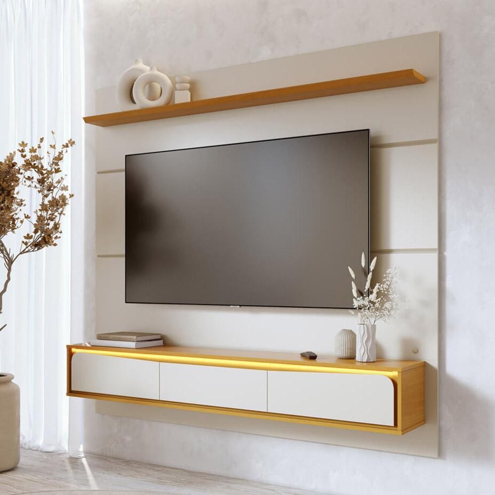 Painel para TV Toronto C04 65" 180CM MDF com LED e Bancada Suspensa Freijó Off White Lyam Decor