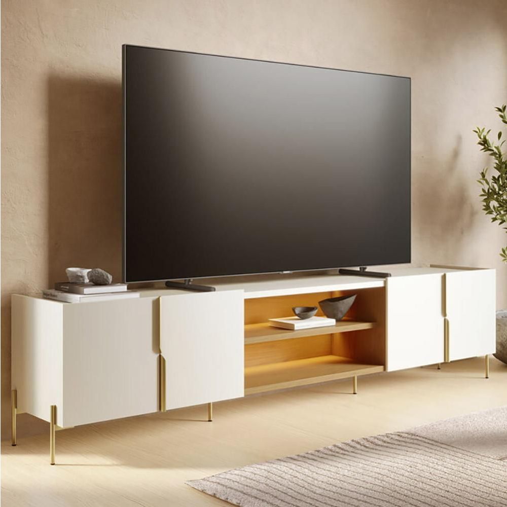Rack Novare C04 para TV 85" 243,5CM MDP com LED e Pés Industriais Off White Lyam Decor