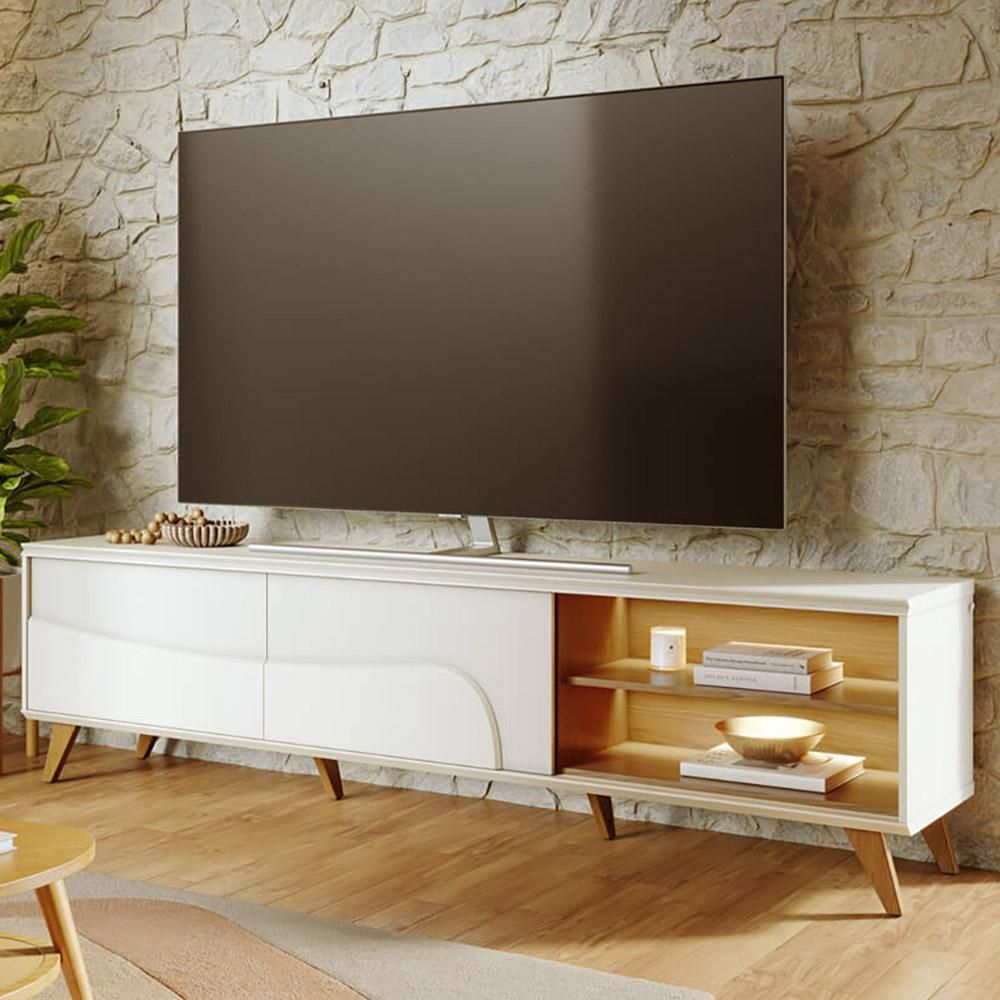 Rack para TV 75" 216CM MDF-MDP com LED e Pés Retrô Off White Lyam Decor