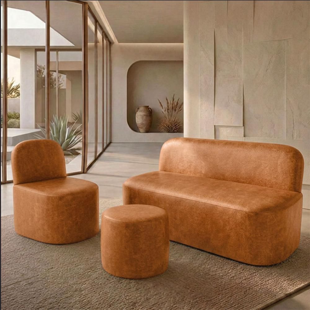 Kit Poltrona Lumiere Decorativa com Puff e Namoradeira Couríssimo Confortável Café Lyam Decor