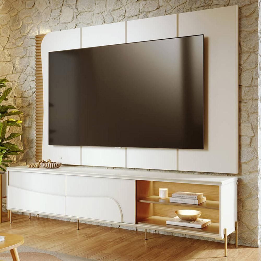 Rack com Painel Salerno C04 para TV 65" 216CM MDF-MDP com LED e Pés Metálicos Off White Lyam Decor