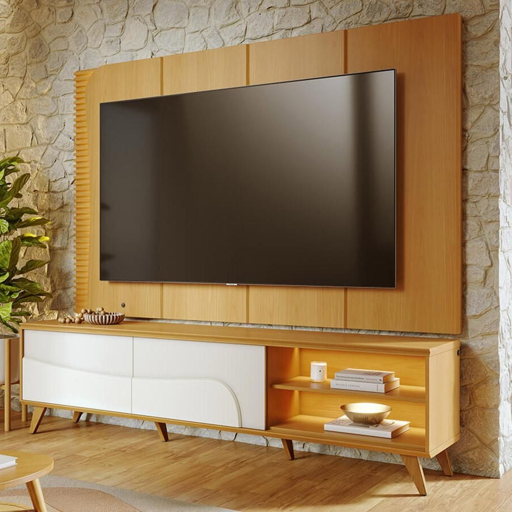 Rack com Painel Salerno C04 para TV 65" 216CM MDF-MDP com LED e Pés Torneados Off White Lyam Decor