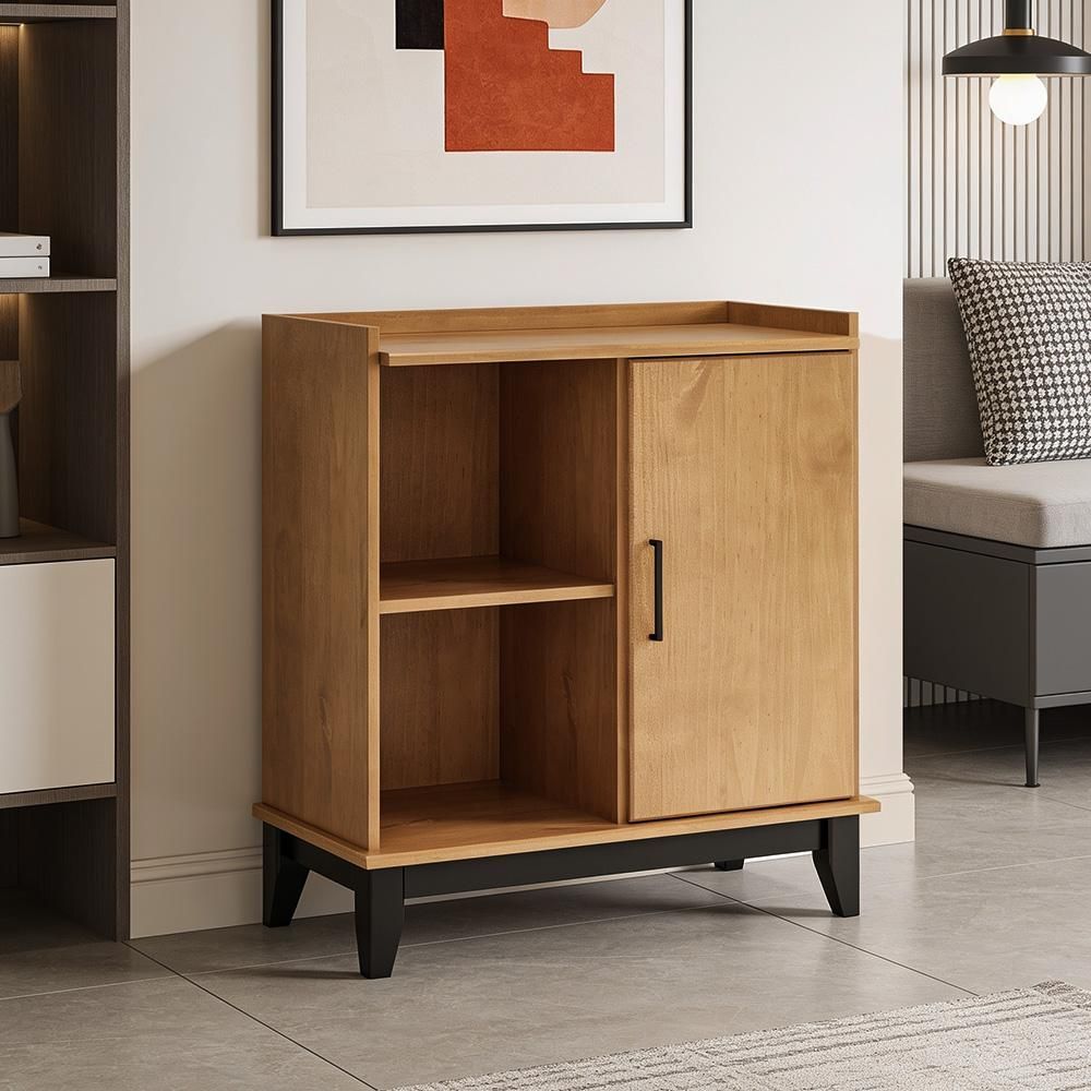 Balcão Aparador Bar Essenciale 1 Porta 2 Prateleiras Madeira Maciça TAMANHO 80CM Preto Lyam Decor