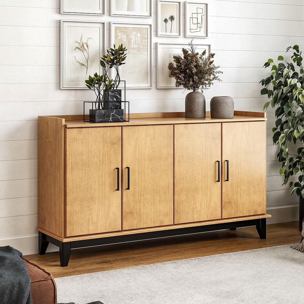 Aparador Buffet Essenciale M06 4 Portas 2 Prateleiras Madeira Maciça com Design Rústico Moderno Preto Lyam Decor