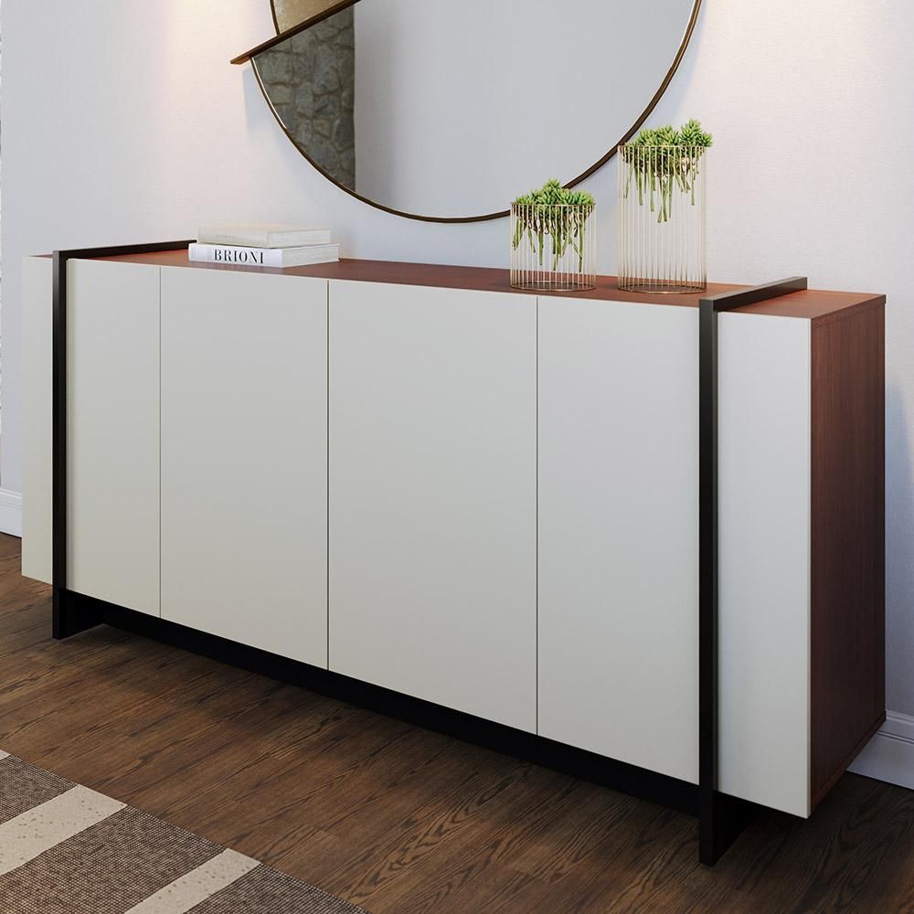 Aparador Buffet Puerto C04 4 Portas 2 Prateleiras MDP com Tubos Metálicos Off White Nogueira Preto Fosco Lyam Decor