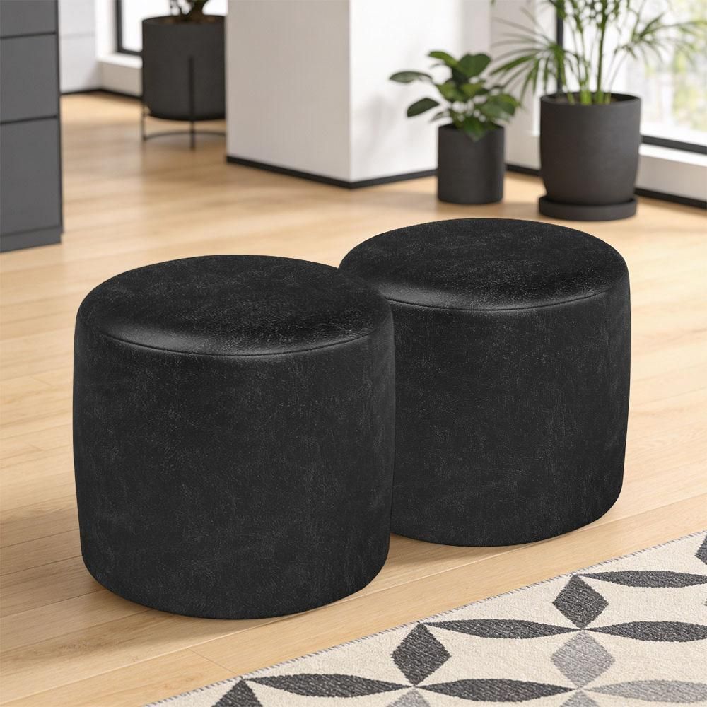 Kit 02 Puffs Redondo Coliseu W01 MDF Espuma Couríssimo Preto Lyam Decor
