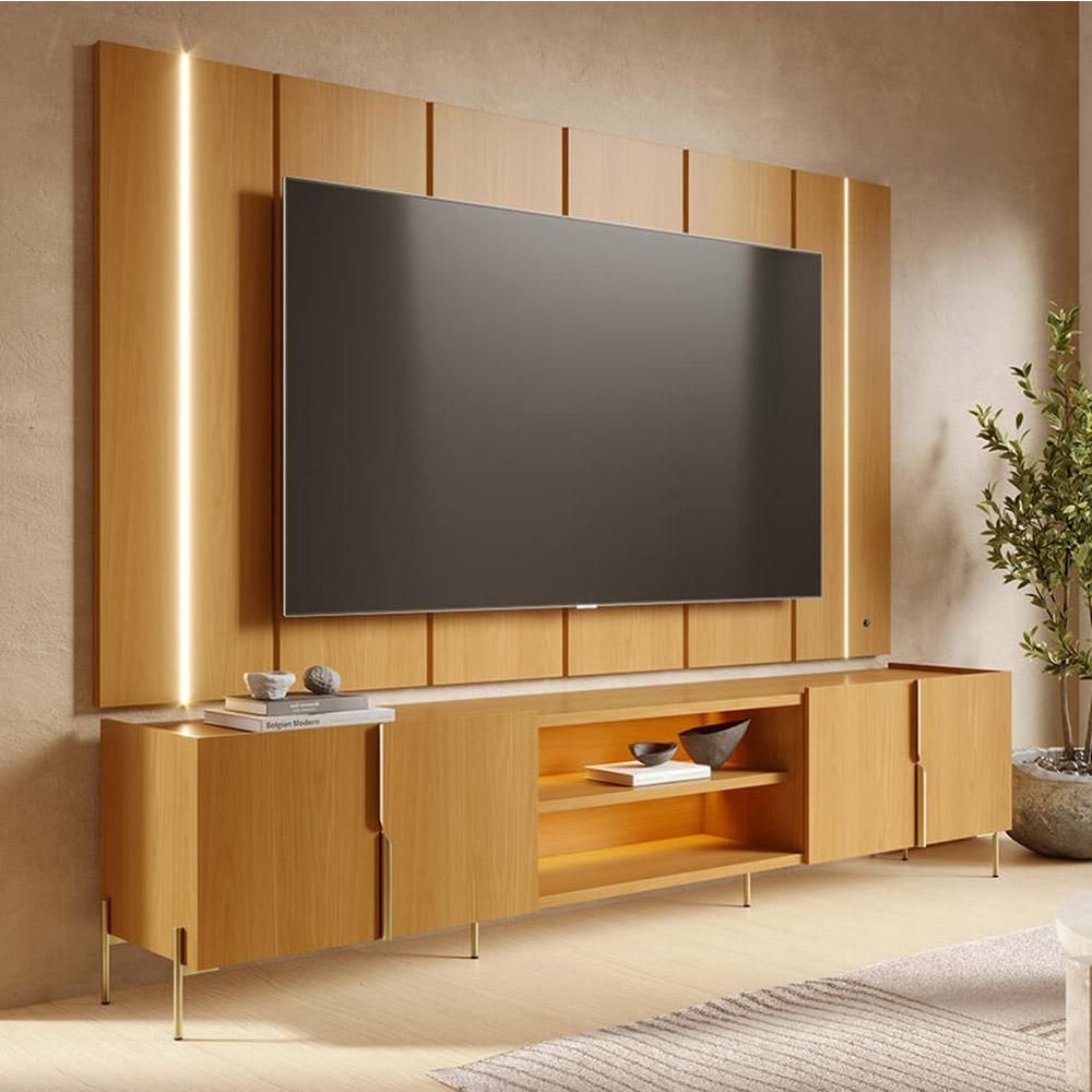 Rack com Painel para TV 75" 243CM MDP com LED e Pés Palito Amadeirado Lyam Decor